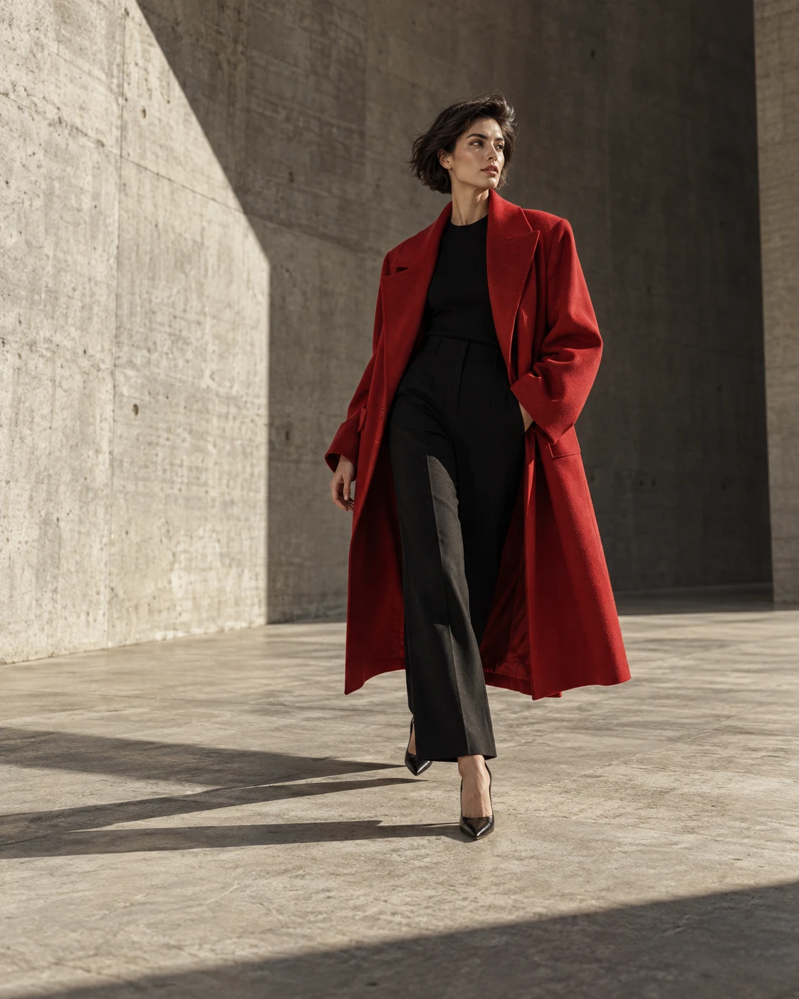 AI-generated fictional fashion campaign: adult model in a red coat in a sunlit concrete studio.