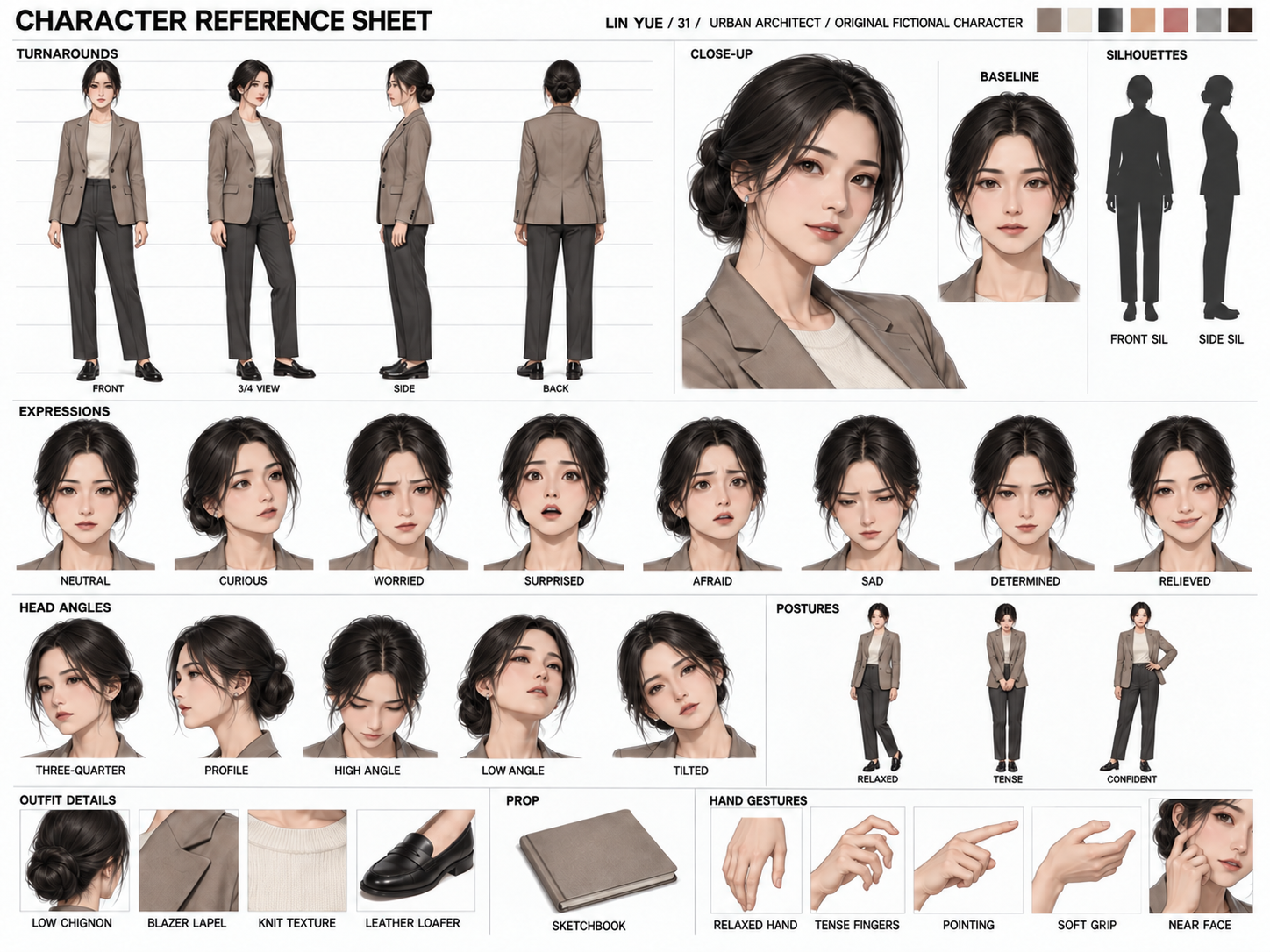 Lin Yue, an original adult architect in semi-realistic anime style — complete native-generated character reference sheet
