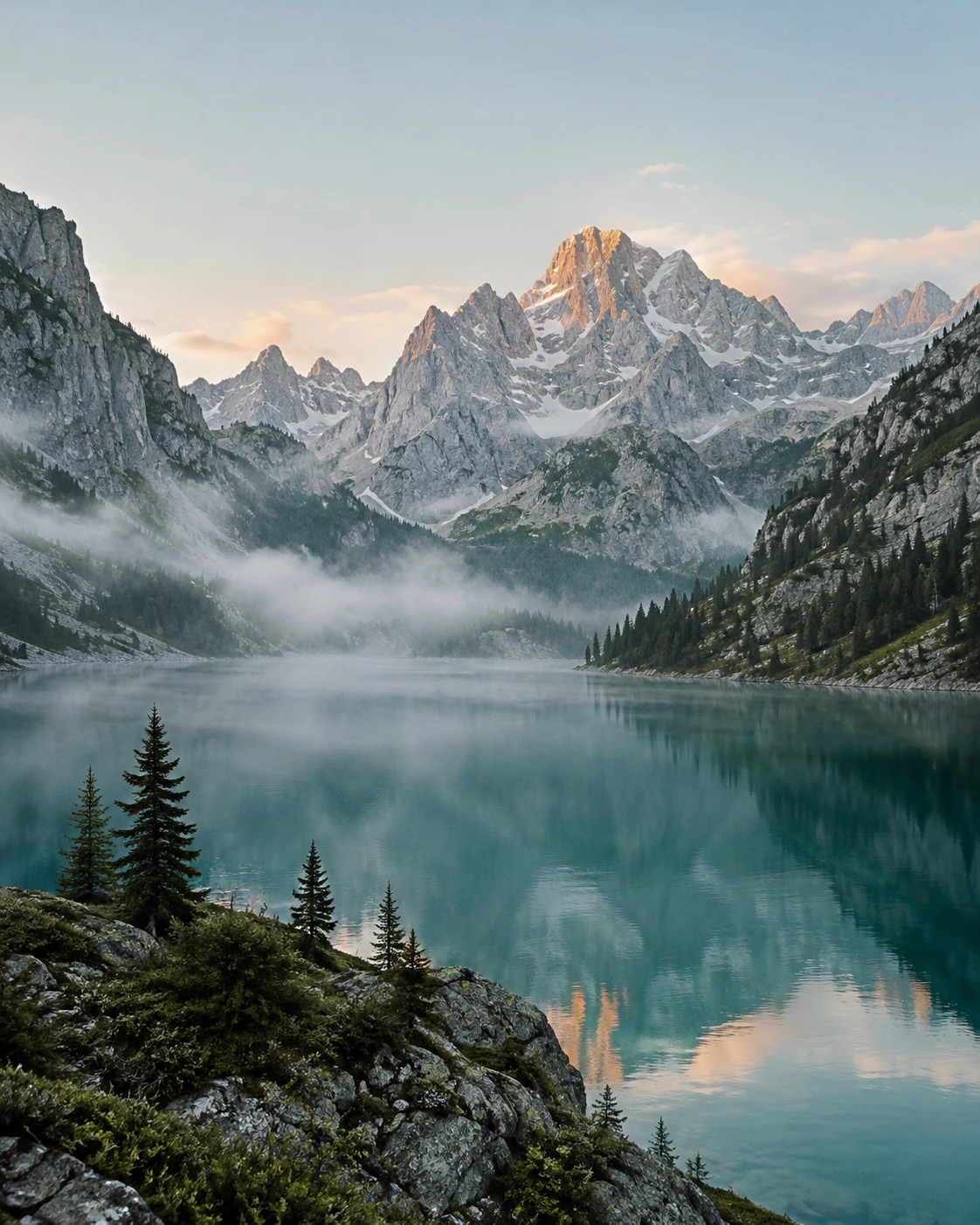 AI-generated fictional alpine landscape with a turquoise lake, limestone mountains and morning mist.