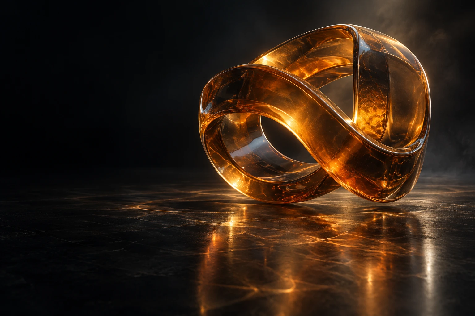 AI-generated amber glass loop sculpture in a dark studio, used as a fictional product-launch concept.