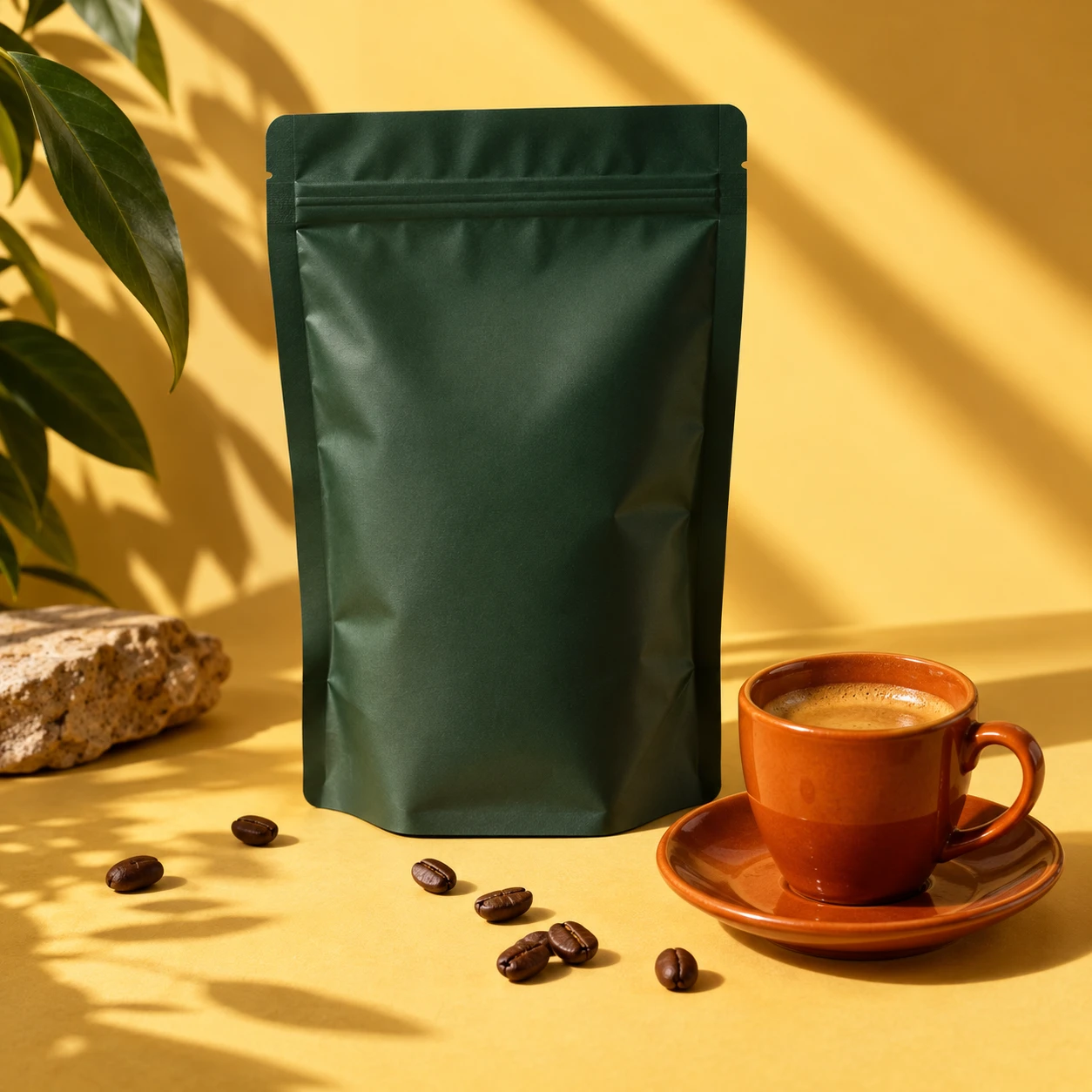 AI-generated coffee still life with an unbranded green pouch and an orange espresso cup on a yellow surface.