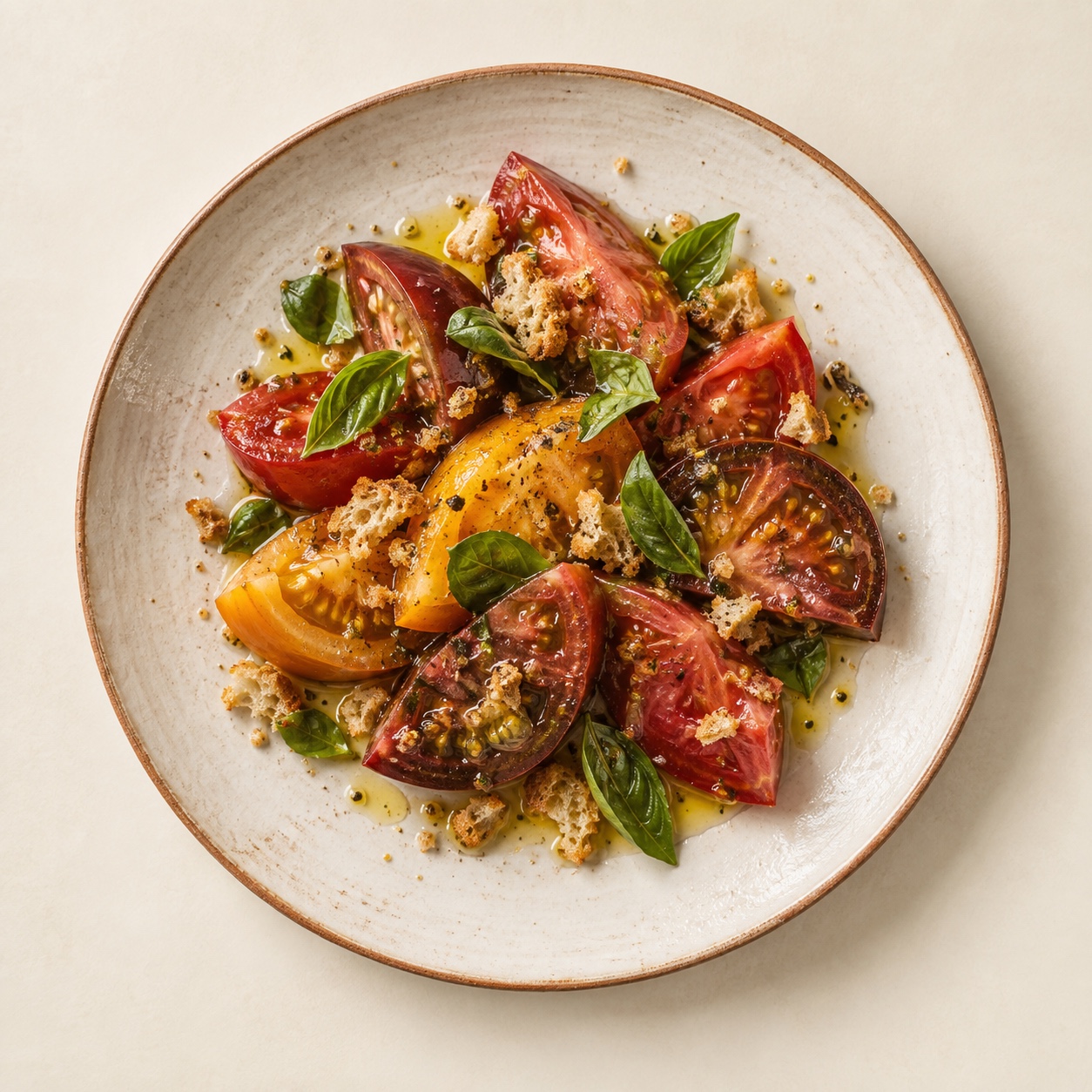 AI-generated dish concept: heirloom tomatoes with basil and sourdough crumbs