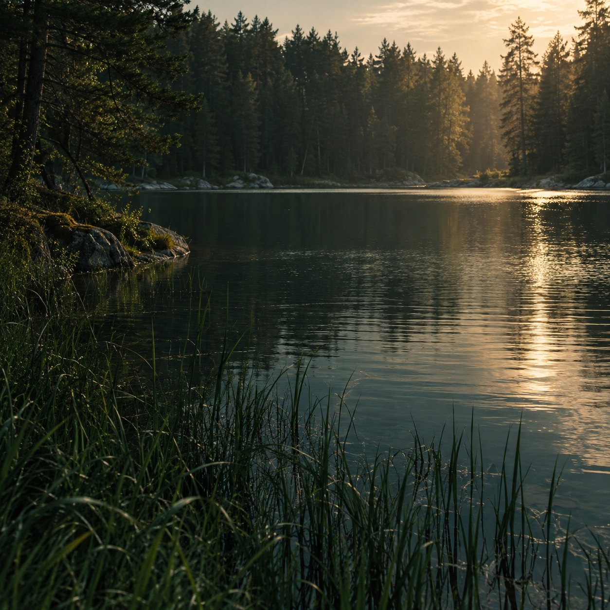 AI-generated quiet forest lake at afternoon light