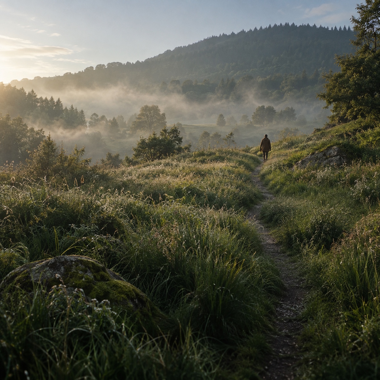 AI-generated misty meadow morning with a distant walker