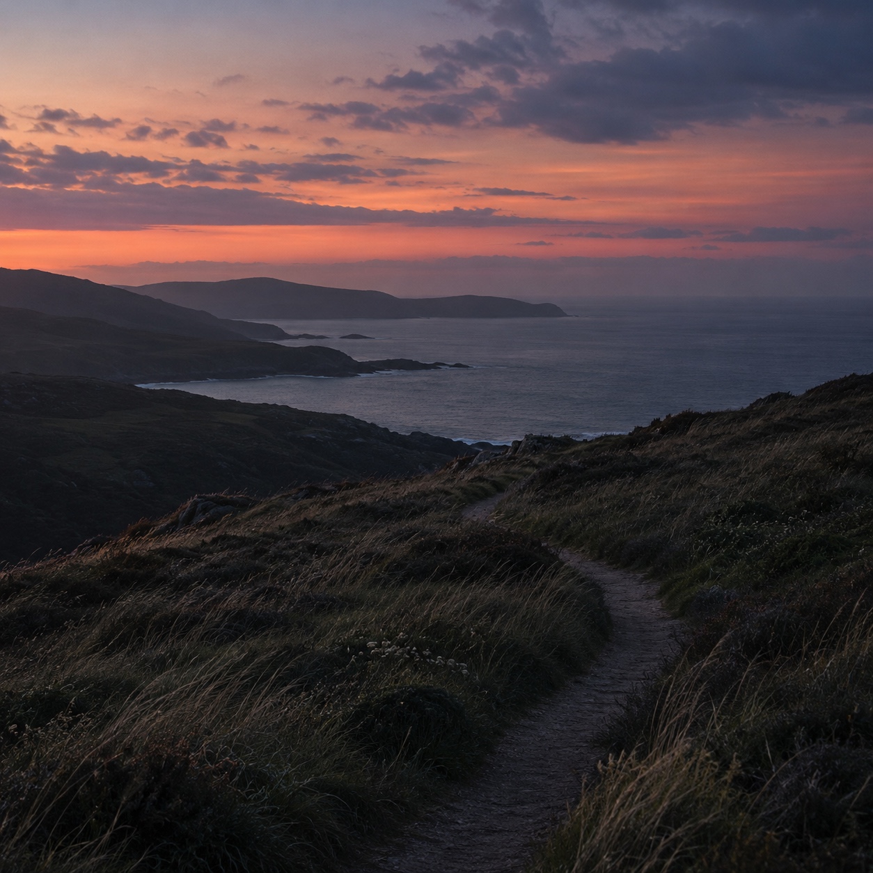 AI-generated coastal headland at dusk