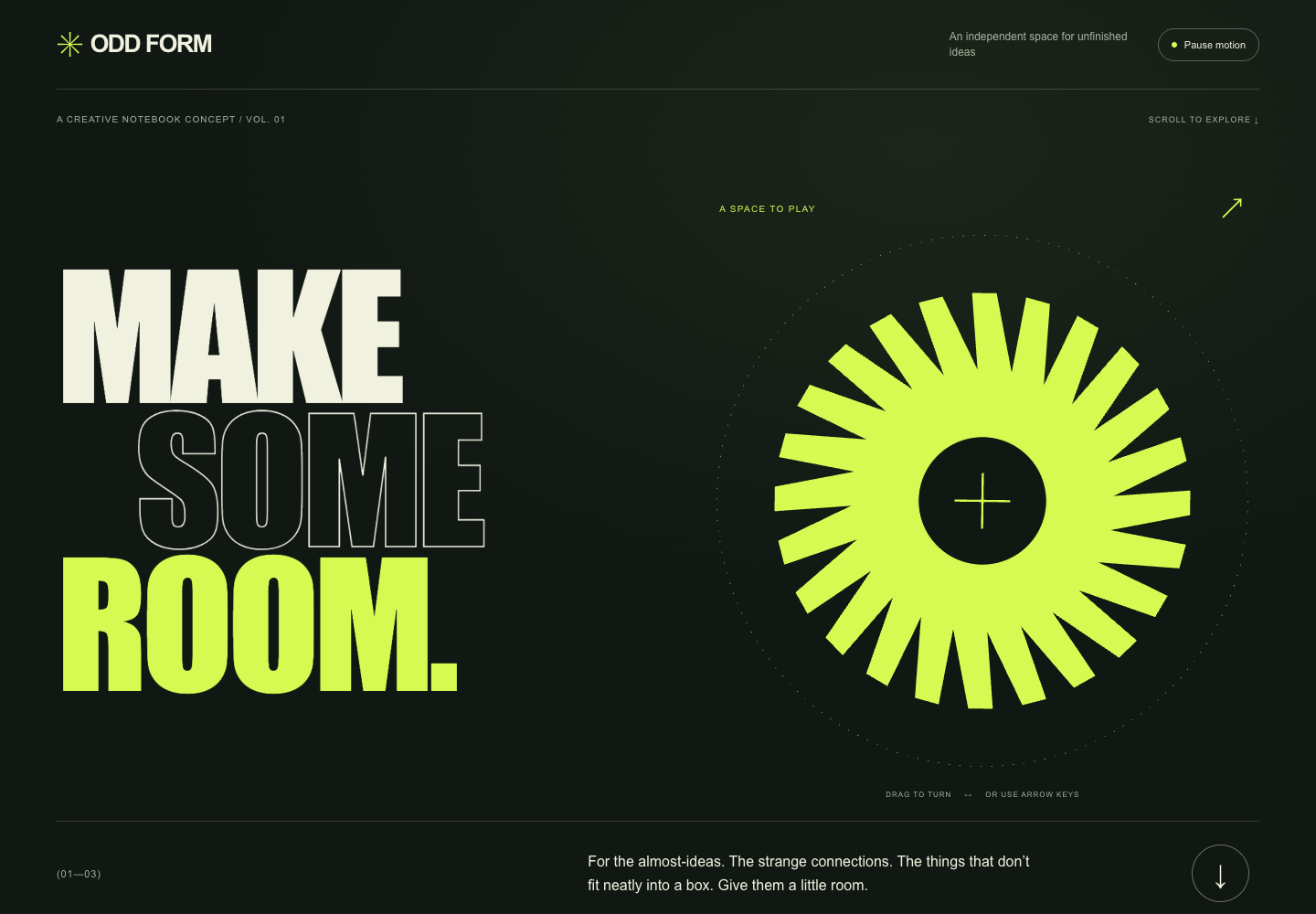 Original kinetic typography website with an ink background, giant citrus lettering, and a graphic disc