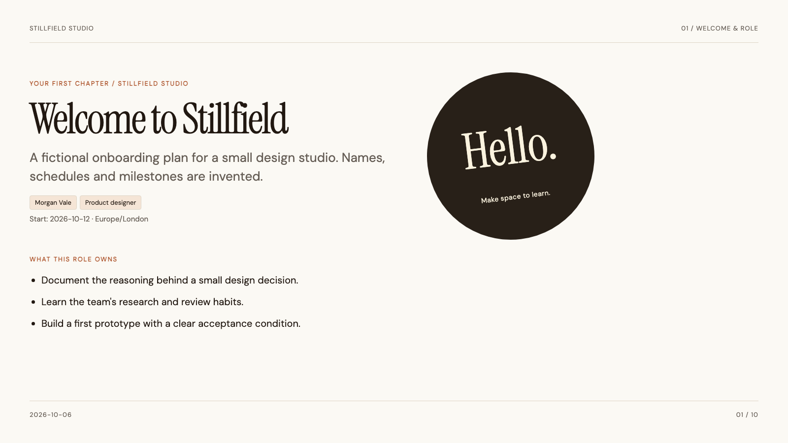 New Hire Onboarding: Welcome & role, actual generated sample