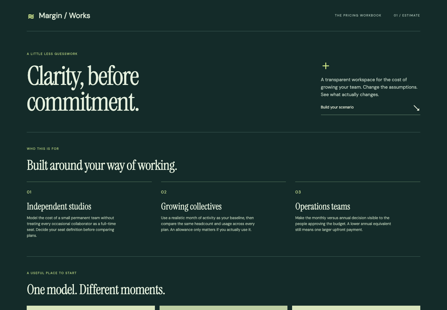 Pricing Scenario Calculator — Actual generated sample · desktop overview