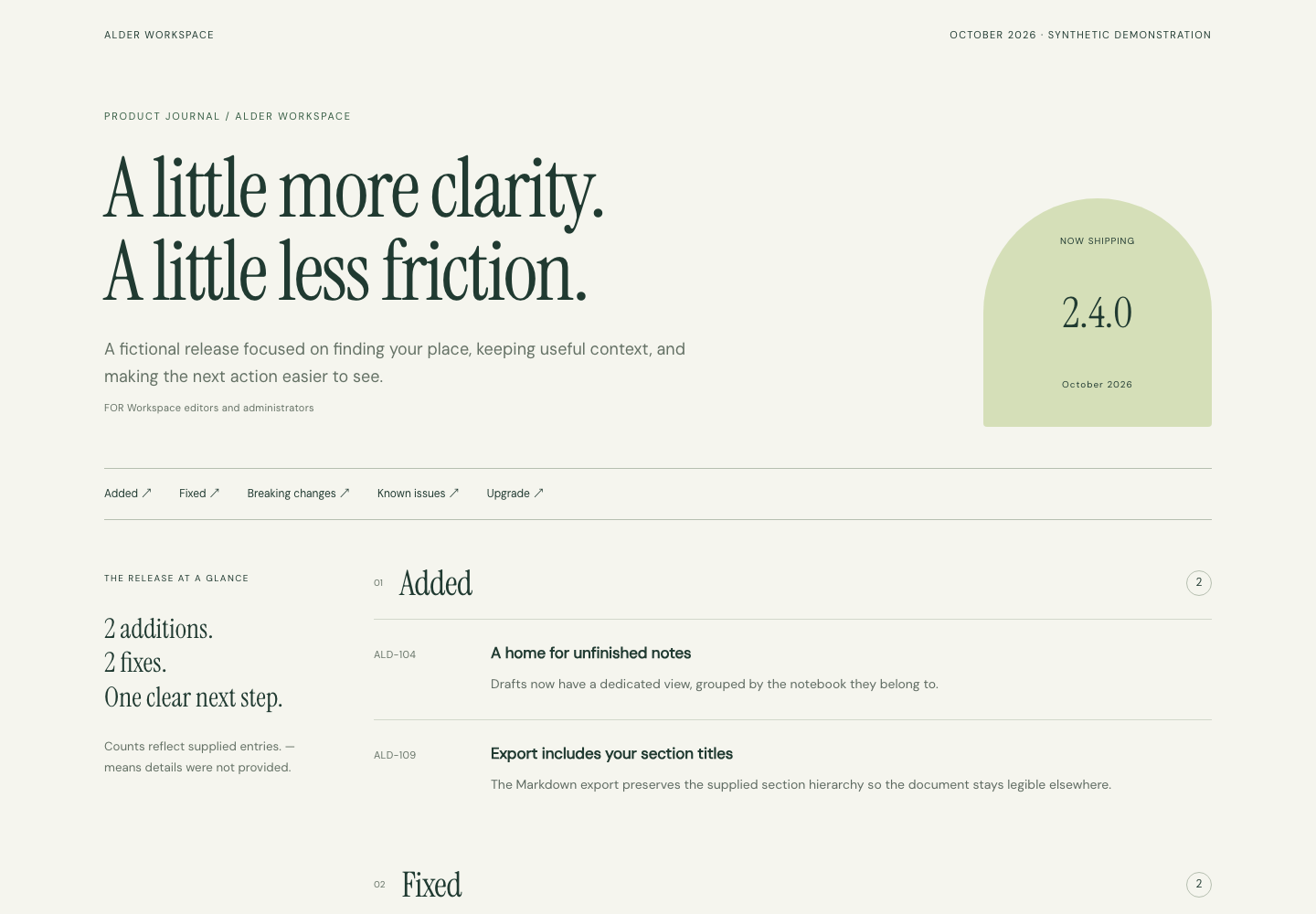 Actual generated Release Notes Journal fictional sample